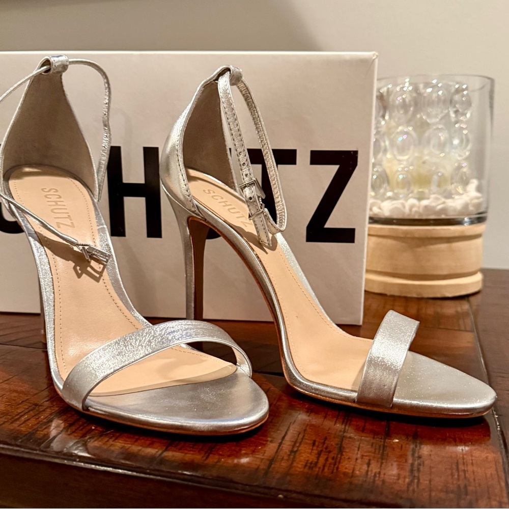 SCHUTZ Cadey Lee Metallic Silver Single-Band Ankle-Strap Stiletto 4 inch New